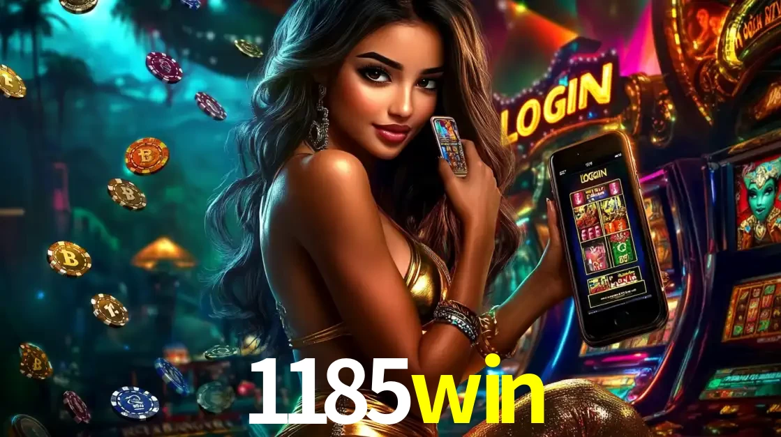 Mulher em um cenário de cassino temático de aventura, mostrando o app de caça-níqueis da 1185win no celular. Fichas de apostas flutuam ao redor.