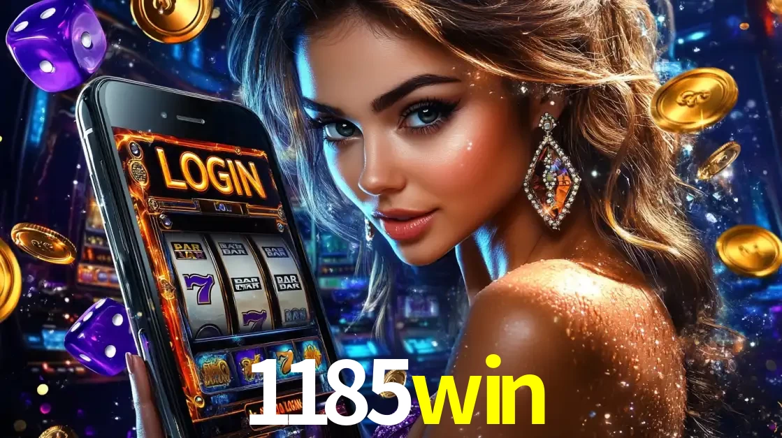 Mulher glamorosa segurando um smartphone com a tela de login para os jogos de caça-níqueis do cassino online 1185win, com moedas de ouro e dados ao redor.
