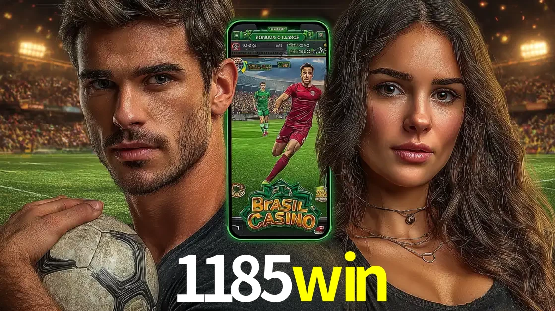Homem segurando uma bola de futebol e uma mulher ao lado de um smartphone exibindo o jogo de apostas esportivas da 1185win. Faça seu palpite no cassino online.